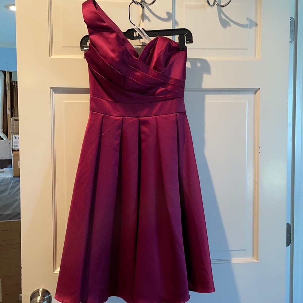 Andrew Adela wine/sangria one shoulder cocktail dress with pockets, NWT, size 6